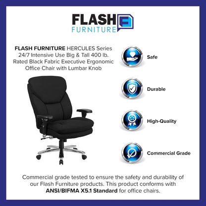 Flash Furniture HERCULES Serie 24/7 Intensief Gebruik Big & Tall 400 lbs. Beoordeelde Zwarte Stof Executive Ergonomische Bureaustoel met Lumbale Knop