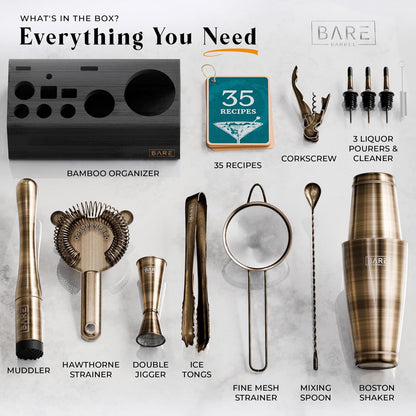 Cocktailset – Cocktail Shaker Set – Bartender Kit – Mixology Set – Barset – 14-Delige Set Met Bamboe Standaard – 800 Ml Boston Shaker In Messing/Zwart Met 35 Receptenkaarten