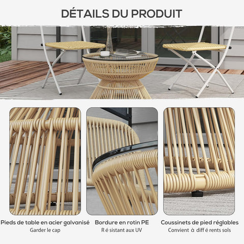 Tuintafel - Tuintafel Rond - Bijzettafeltje - Bistrotafel - Salontafel - Rotanlook - met  Dienblad van Gehard Glas - voor Terras - Tuin - Ø 60 x 37 cm - 	Natuurlijk Hout