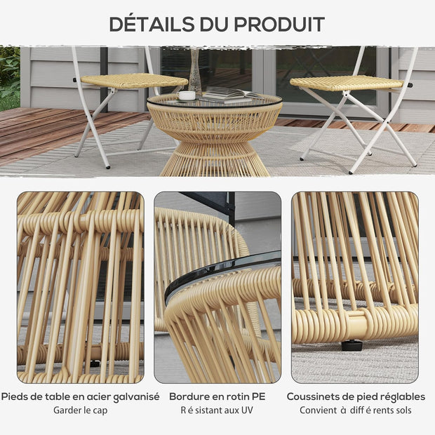 Tuintafel - Tuintafel Rond - Bijzettafeltje - Bistrotafel - Salontafel - Rotanlook - met  Dienblad van Gehard Glas - voor Terras - Tuin - Ø 60 x 37 cm - 	Natuurlijk Hout