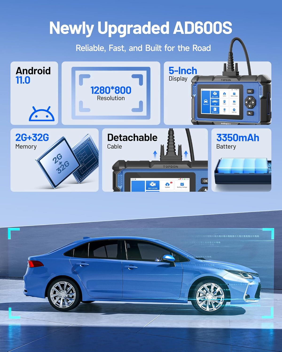 TOPDON ArtiDiag600S OBD2-codelezer, autodiagnosetool voor 4 systemen: motor/ABS/airbag/AT, 8 resetfuncties voor olie/rem/SAS/BMS/ABS/DPF/TPMS/gasklep, levenslange gratis update