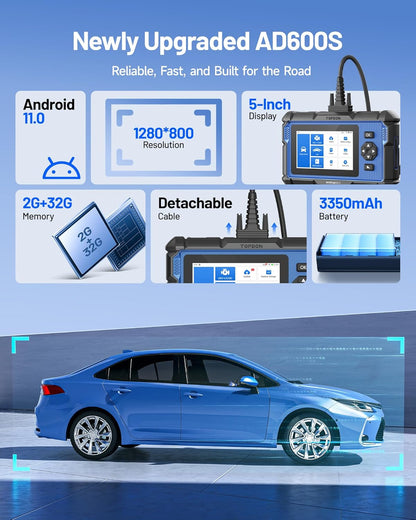 TOPDON ArtiDiag600S OBD2-codelezer, autodiagnosetool voor 4 systemen: motor/ABS/airbag/AT, 8 resetfuncties voor olie/rem/SAS/BMS/ABS/DPF/TPMS/gasklep, levenslange gratis update