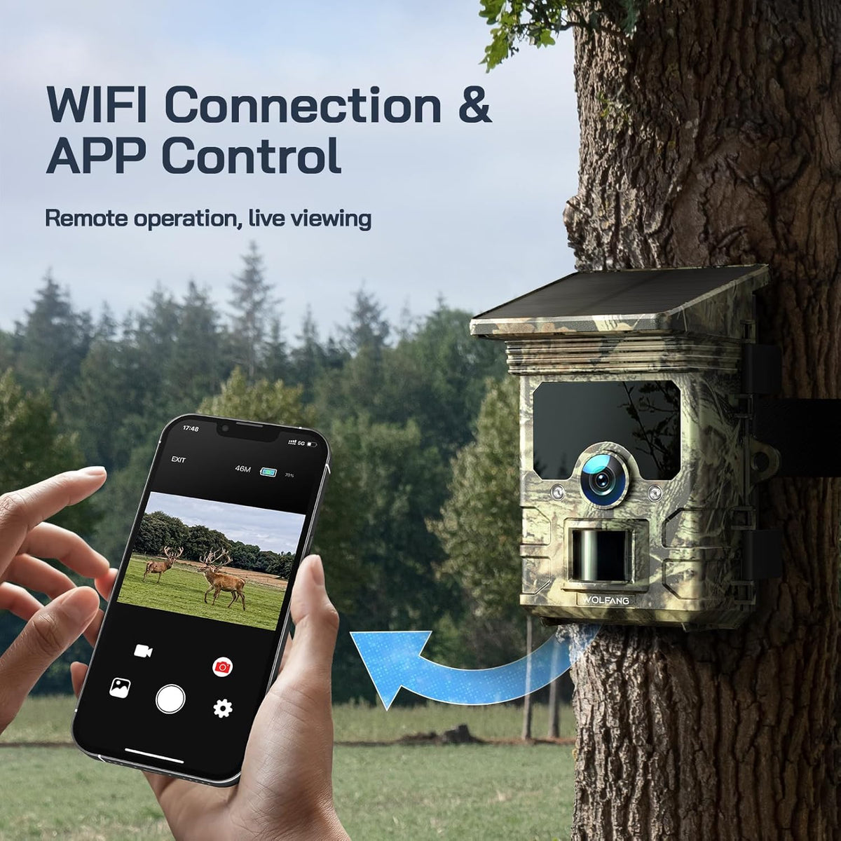 WOLFANG Solar Wildlife Camera 4K 68MP, WiFi Bluetooth Trail Camera met Nachtzicht Motion Activated 0.1s Trigger Time IP66 Waterdichte Game Camera voor Wildlife Monitoring met U3 32GB Micro SD-kaart