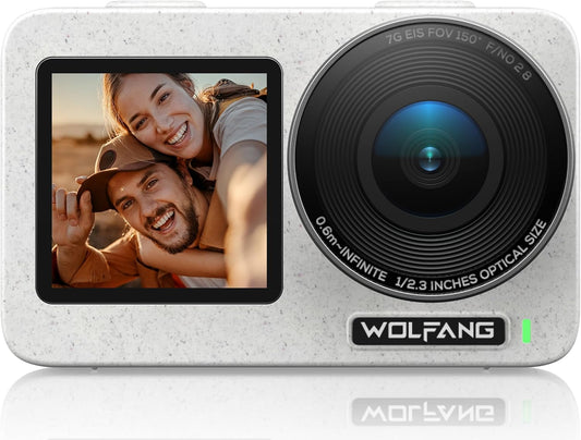 WOLFANG Seeker One White Waterdichte Actiecamera met 4K60fps Ultra HD-video, Dual Screen Kleurendisplay, 16 Voet Onder Water Camera, Live Streaming, Webcam, Stabilisatie met GO APE