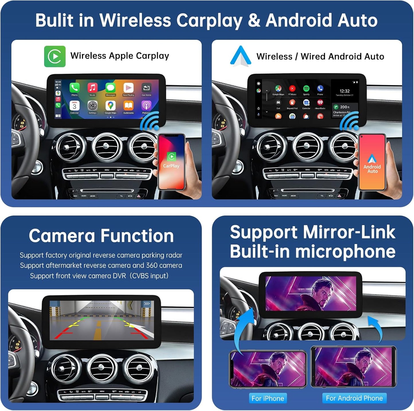 12,3 Inch Autoradio Touchscreen – Multimedia Scherm – Infotainmentsysteem – Navigatiescherm – Dashboard Display – Draadloos CarPlay & Android Auto – HD Resolutie 1920x720 Pixels