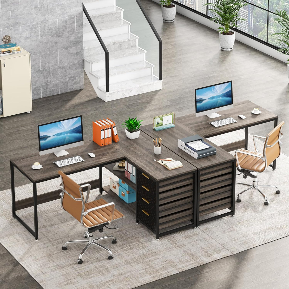 Tribesigns L-Shape Corner Desk with Shelves, Reversible L-Shape, with Monitor Stand and Shelves, for Office, Home, Brown, 150 x 120 x 75 cm (Grey)
