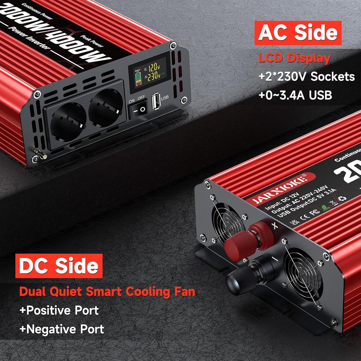 2000 W omvormer DC 12 V naar AC 230 V spanningsomvormer 2 AC stopcontact & USB-poort stroomomvormer met LCD-display, Power Inverter voor auto, auto, caravan, vrachtwagen