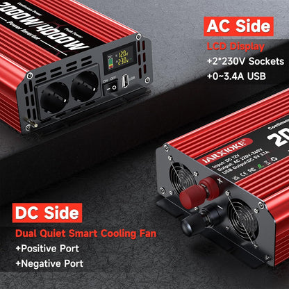 2000 W omvormer DC 12 V naar AC 230 V spanningsomvormer 2 AC stopcontact & USB-poort stroomomvormer met LCD-display, Power Inverter voor auto, auto, caravan, vrachtwagen