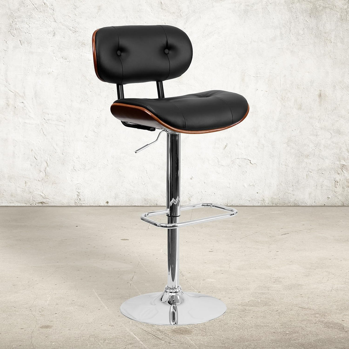 Flash Furniture Barkruk van walnoothout met verstelbare hoogte en met knopen gewatteerde zwarte vinyl bekleding