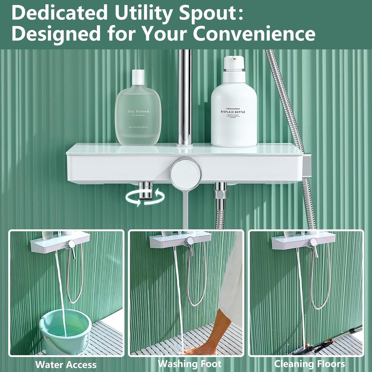 Douche Systeem – Doucheset – Regendouche – Handdouche – Douchekop – Glazen Plank – Eén Knop Bediening – Drie Instelbare Straalsoorten