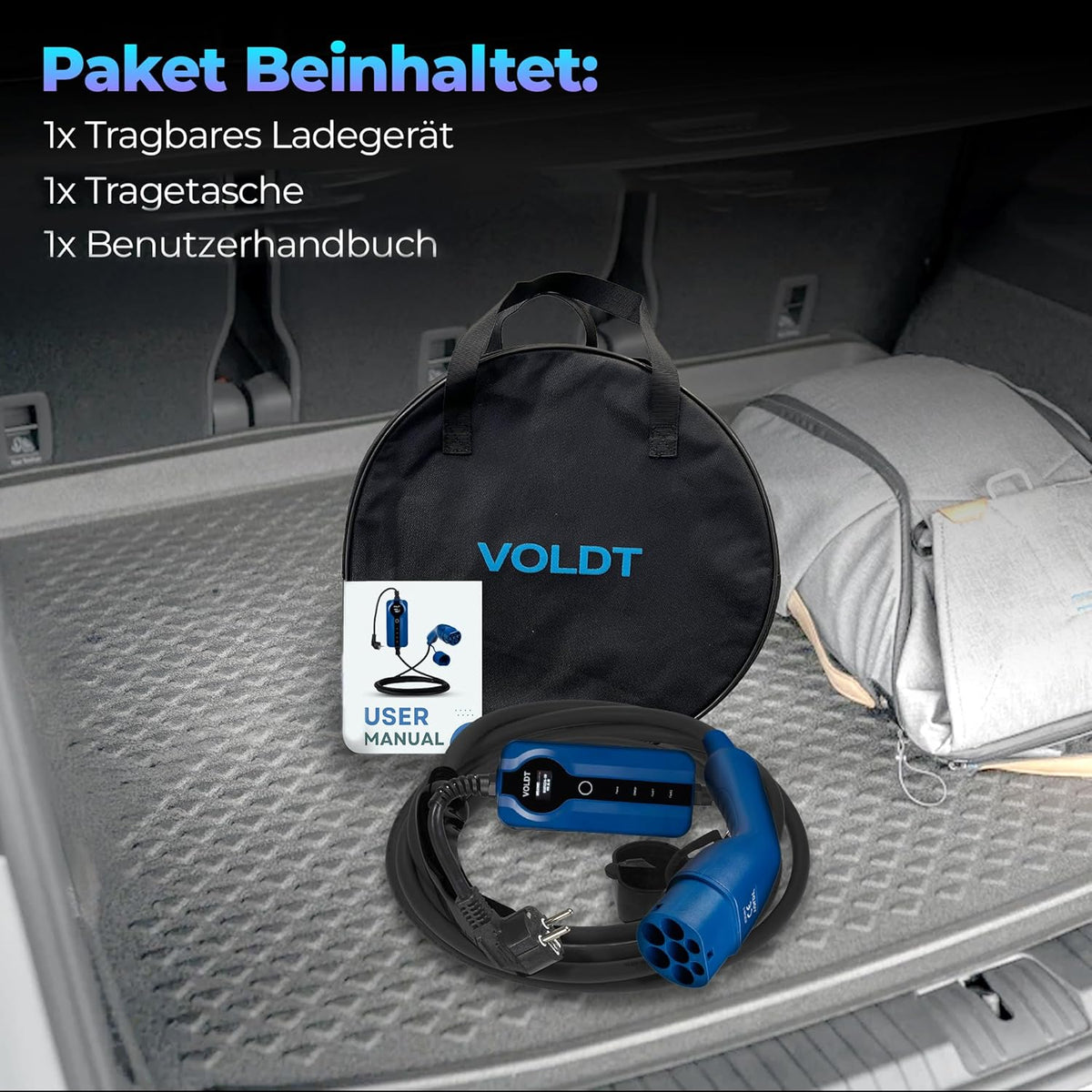 VOLDT Type 2 oplaadkabel Schuko 3,7 kW, 1-fase, 8A - 16A, verstelbare EV-oplader met bestuurbaar digitaal display voor elektrische auto, oplaadkabel voor elektrische voertuigen, IP67 waterdicht