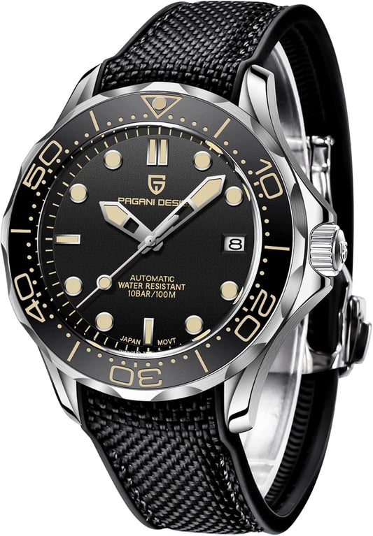 Pagani Design 007-Model Heren Automatische Horloges Japan Beweging Roterende Keramische Bezel Roestvrij Staal Waterdicht Zelf Windend Polshorloge, Zwart rubber Nylon, Japans