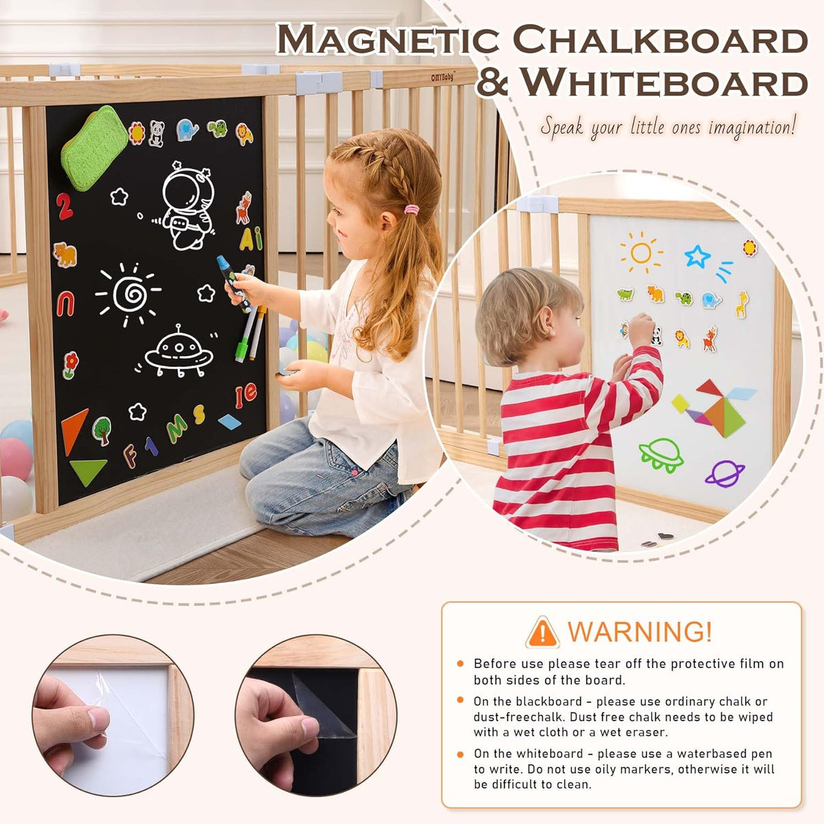 Wooden Baby Playpen with Door, Removable and Expandable Baby Play Fence for Toddlers, Wooden Playpen Baby Playground with Chalk Whiteboard and Montessori Activity Games (6 Panels- 62 x 56 Inch) - QUORE