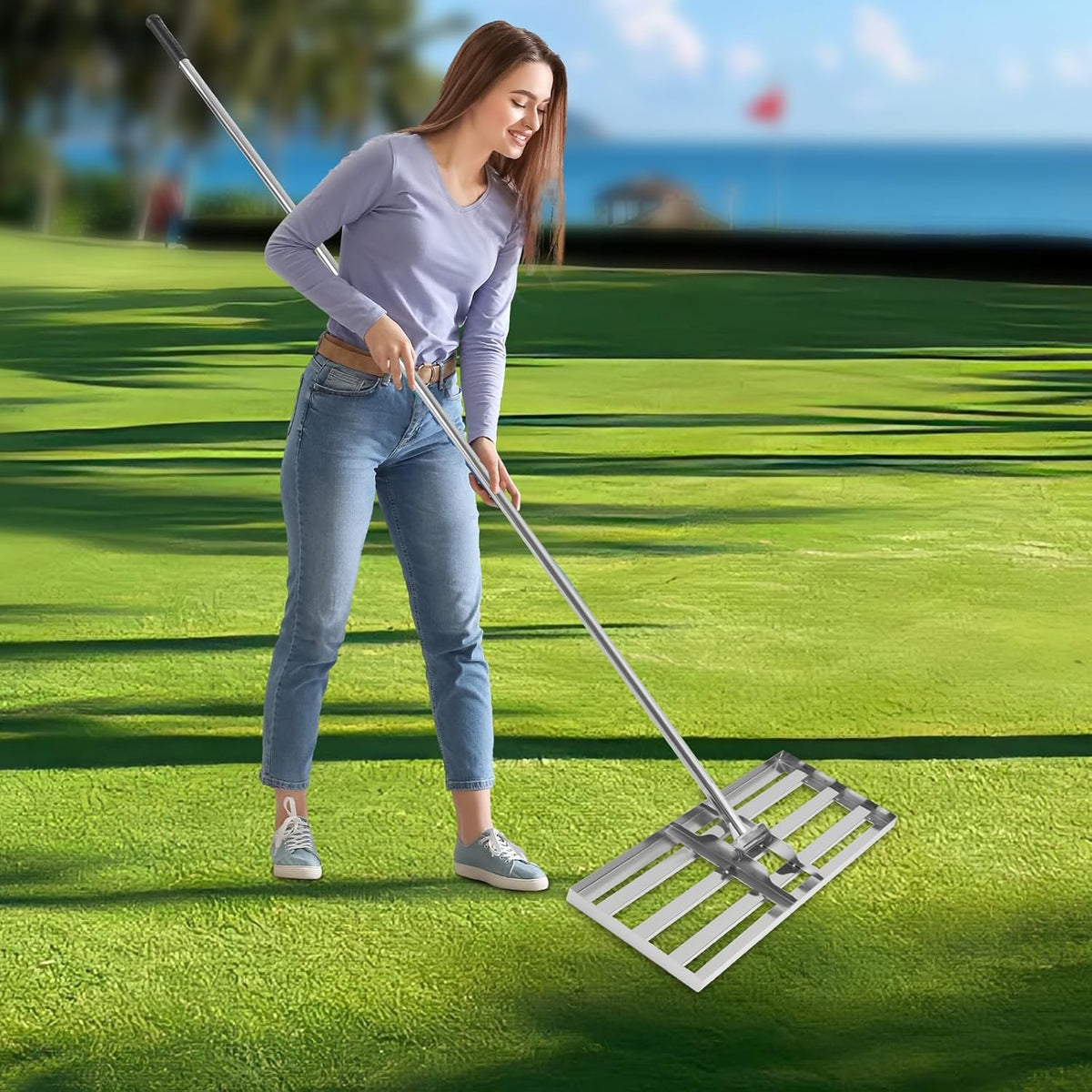Lawn rake, metal, adjustable handle length 50-180 cm, ground rake for sanding, flat plane, level level leveling - QUORE