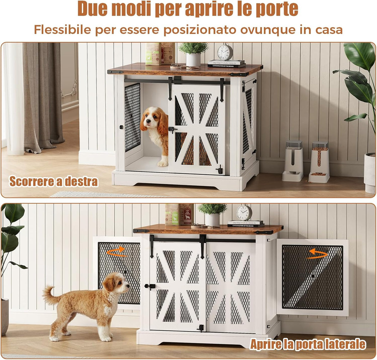 Hondenbench, 27,5 inch, hondenkooi voor thuisgebruik, schuifdeur, dubbel deurdesign, boerderijstijl, wit