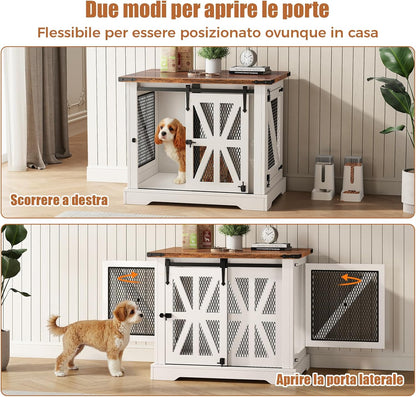 Hondenbench, 27,5 inch, hondenkooi voor thuisgebruik, schuifdeur, dubbel deurdesign, boerderijstijl, wit
