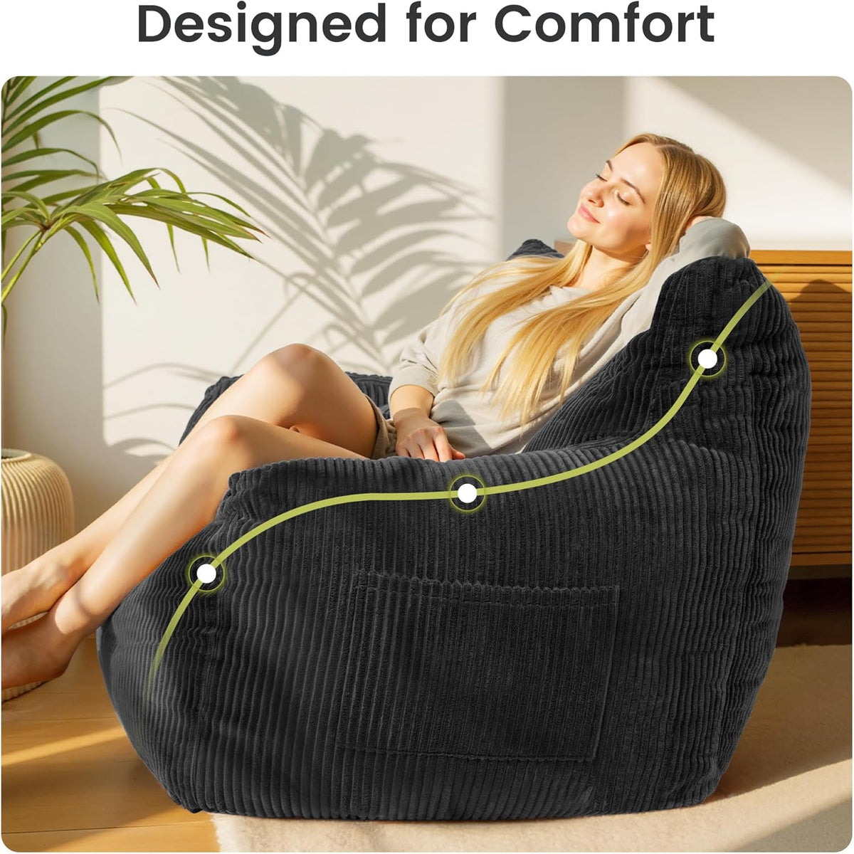 Pamapic Zitzak, zitzak voor volwassenen met vulling, dubbele loungestoel met draagbare handgreep, moderne ergonomische beanbag, indoor zitzak, stoel voor woonkamer, slaapkamer, speelkamer, zwart