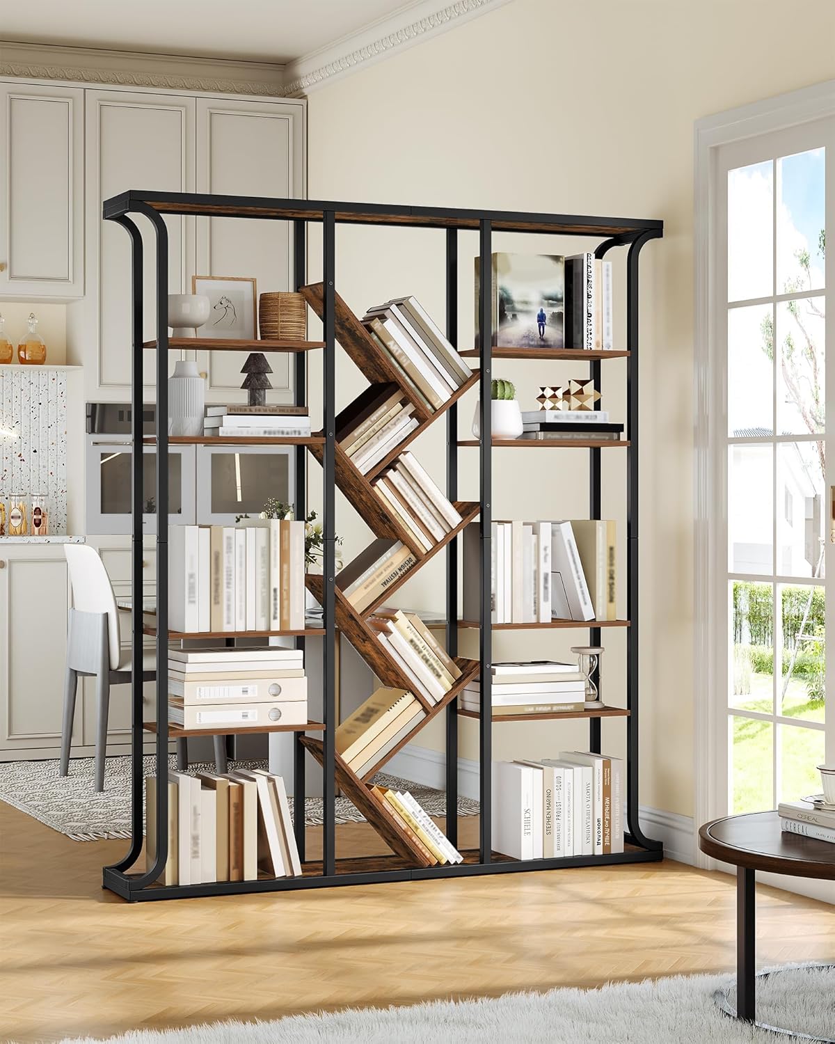 Hzuaneri BC53201B Bookcase, 3 Columns, 6 Animals, Tree-Shaped Bookcase, 17 Compartments, Open Independent Shelves, for Home Office, Bedroom, Living Room, 24 x 156 x 180 cm, Vintage Brown-Black