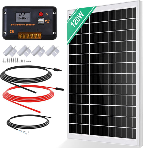 Zonnepanelen met Stekker - Zonnepaneel-Oplader - Zonnepaneel - 120W - Inc. 12V Zonnepaneel - 30A Zonne-Laadregelaar - 5m Zonnekabel - Z-Bevestigingsklemmen - voor Camping - Caravan - Huishouden - Off-grid-systeem - Noodsituatie