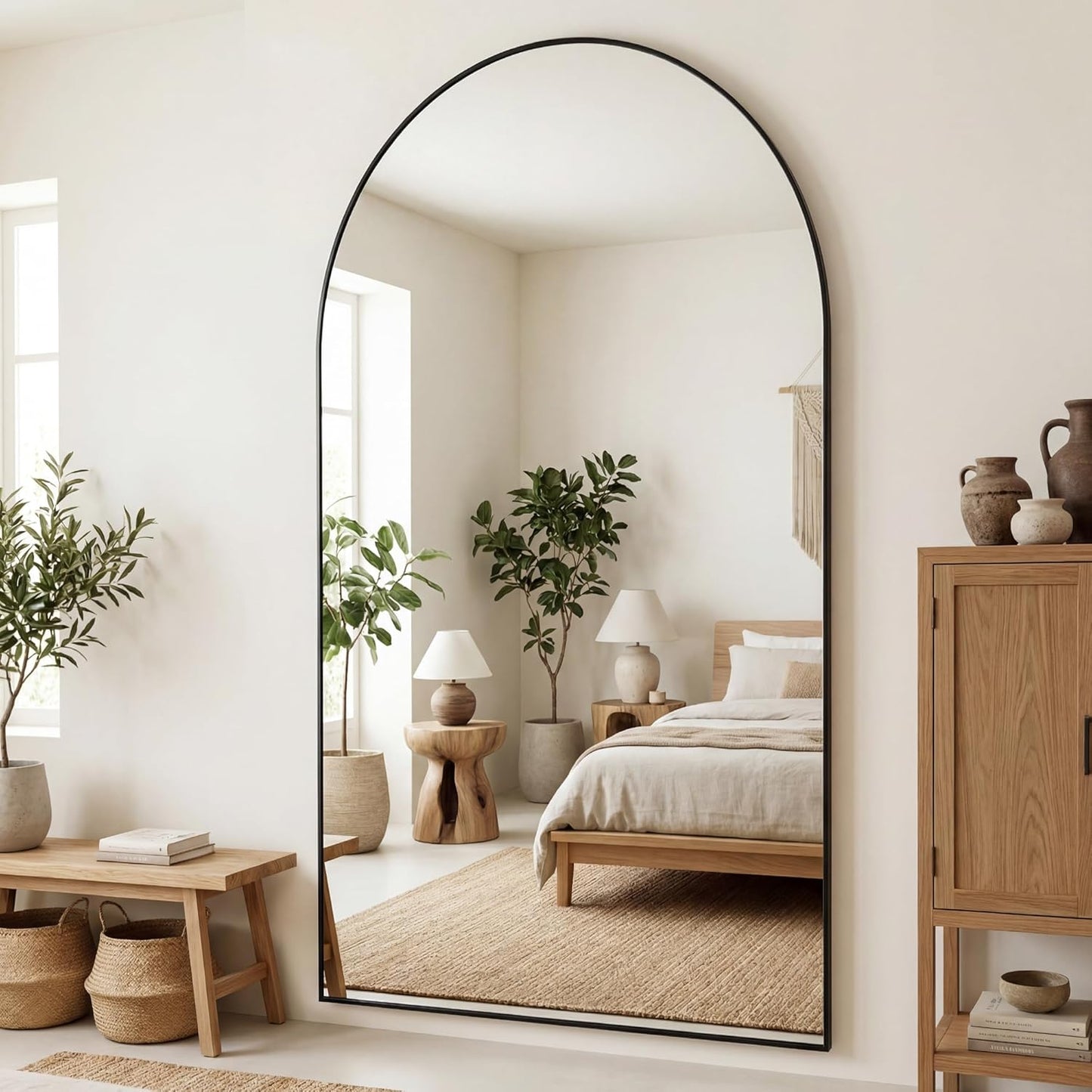 Antok 208 x 112 cm full-body spiegel, gebogen staande spiegel, frame van aluminiumlegering, onbreekbaar glas, vloerspiegel voor woonkamer, kleedkamer, zwart