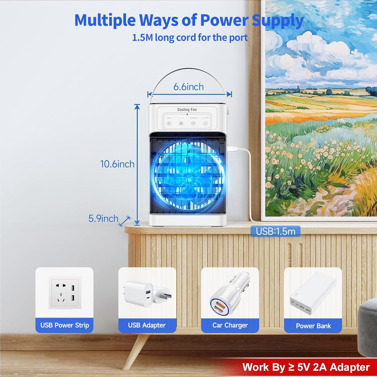 Mobiele Airco - Draagbare Airconditioning - Mini-Airconditioning - 1100ml - met Waterkoeling - 3 Luchtsnelheden - 3 Koelnevel - 2-8 uur Timer - 7 LEDS - voor Kamers - 17 x 15 x 27 cm - Wit/ Zwart - QUORE