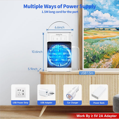 Mobiele Airco - Draagbare Airconditioning - Mini-Airconditioning - 1100ml - met Waterkoeling - 3 Luchtsnelheden - 3 Koelnevel - 2-8 uur Timer - 7 LEDS - voor Kamers - 17 x 15 x 27 cm - Wit/ Zwart