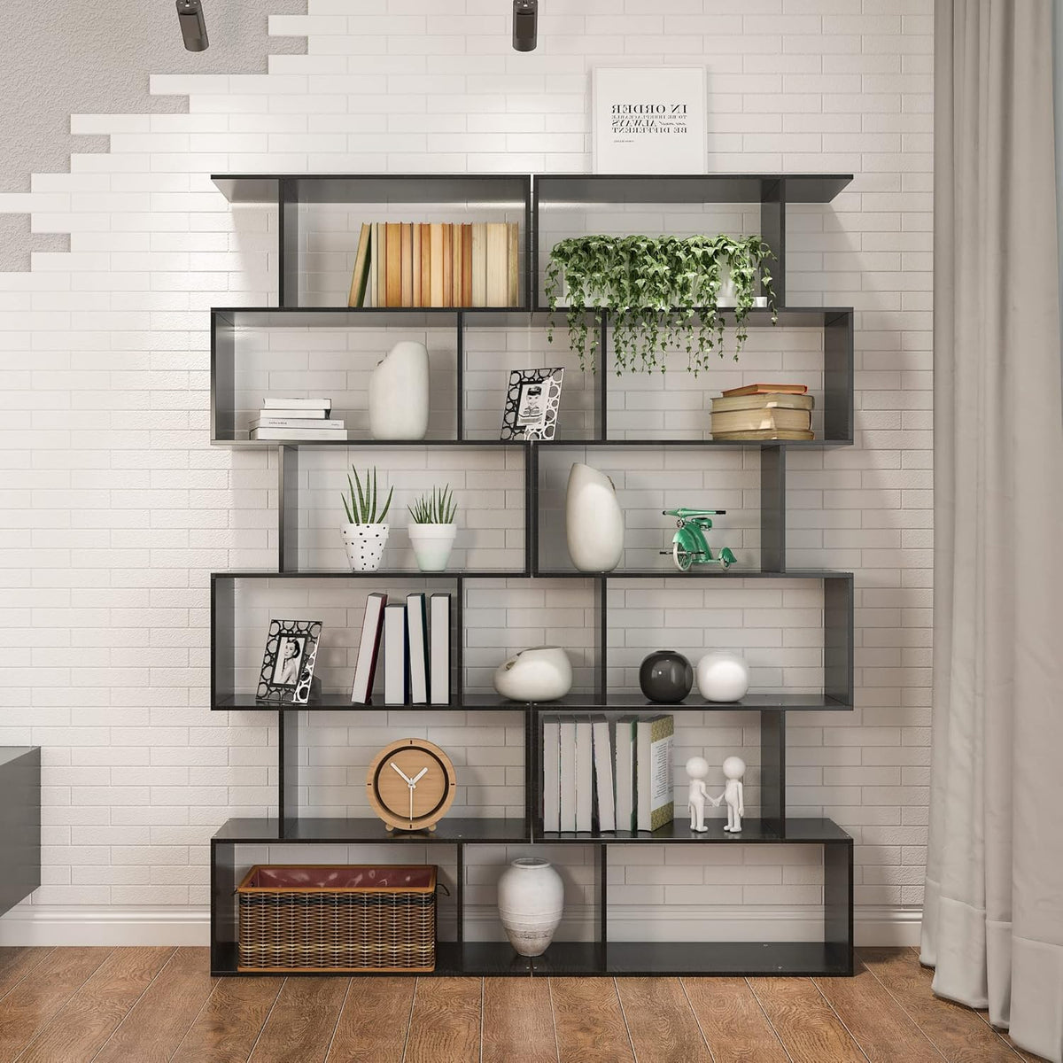 Yusong Boekenplank 6-laags geometrische boekenkast S-vormige boekenplanken voor slaapkamer, moderne houten decoratieve displayplank hoge boekenkast voor thuiskantoor, zwart