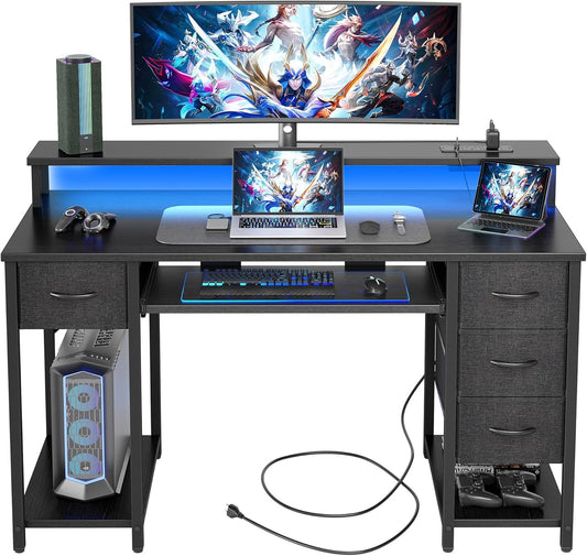 BEXEVUE Modern Desk Power Outlets LED - 120x50cm Gaming Computer Table, Keyboard Tray 4 Reversible Drawers, Large Storage Bookshelf Workstation for Study Play Work Sleep Room Home Office - QUORE
