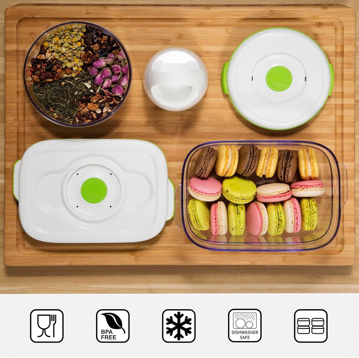 FOSA Starterkit, gepatenteerd vacuümsysteem, compact vacuümapparaat en premium container (1 schildpad + 8 ronde en rechthoekige houders)