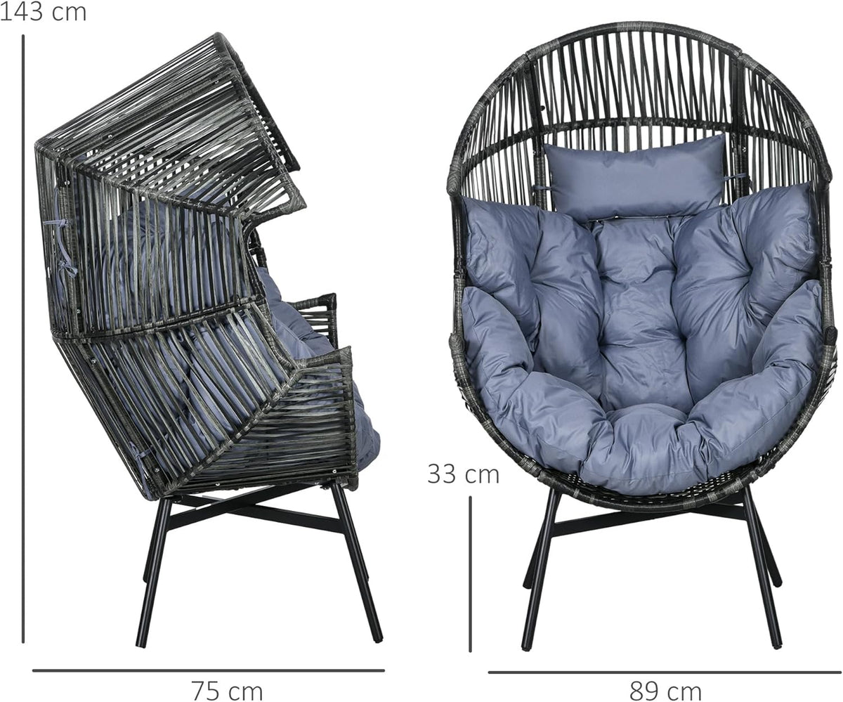 Outsunny Rattansessel, Rattan Korbsessel mit dickem Sitzkissen, Gartensessel in Eiform, 120 kg load bar, für Terrasse, Garten, Grau
