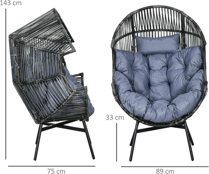 Outsunny Rattansessel, Rattan Korbsessel mit dickem Sitzkissen, Gartensessel in Eiform, 120 kg load bar, für Terrasse, Garten, Grau