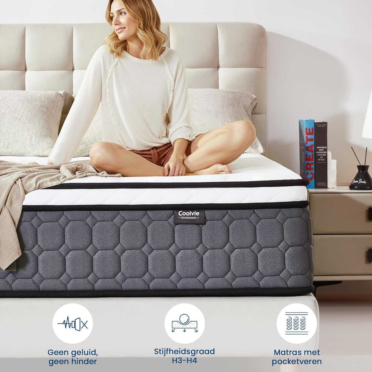 Coolvie Matrassen 140 x 200 cm, hoogte 25 cm, Oeko-Tex-gecertificeerd, hardheidsgraad H3 en H4, 7-zone pocketveringmatras met zeer dicht koudschuim voor stabiele grip en comfortabele omhuling