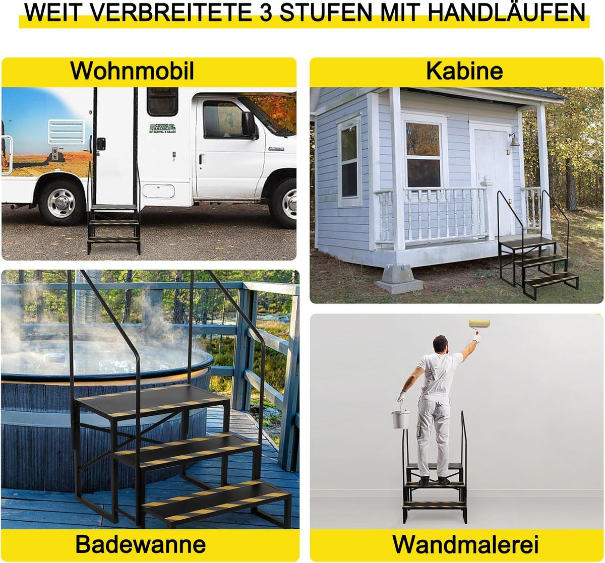 Campertrap, 3-traps, camper, 200 kg draagkracht, voor caravans, camping, met 2 leuningen, antislip opstapkruk, RV steps, reisaanhanger