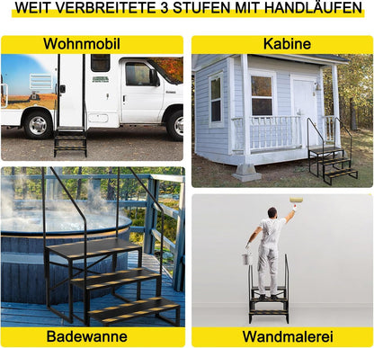 Campertrap, 3-traps, camper, 200 kg draagkracht, voor caravans, camping, met 2 leuningen, antislip opstapkruk, RV steps, reisaanhanger