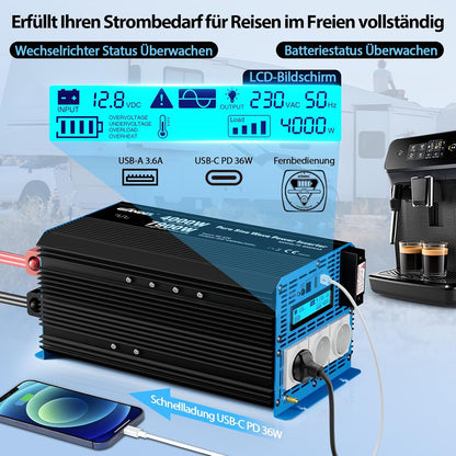 GIANDEL 4000 W omvormer, zuivere sinus, 12 V naar 230 V, met instelbare onderspanningsuitschakeling, spanningsomvormer met afstandsbediening en USB-C PD 36 W, voor camper, camping, caravans