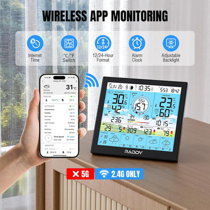 Raddy WF-120P Professioneel Wi-Fi weerstation, app-bediening, 10″ HTN-display, temp. & vocht int./ext., UV & lichtindex, PM2.5 AQI, 5-daagse weersverwachting, 7-in-1 buitensensor boerderij