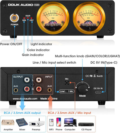 Douk Audio VU22 Dubbele analoge VU-meter display, DB-paneel, muziekspectrum, MIC en LINE geluidsniveaumeter, audio-indicator