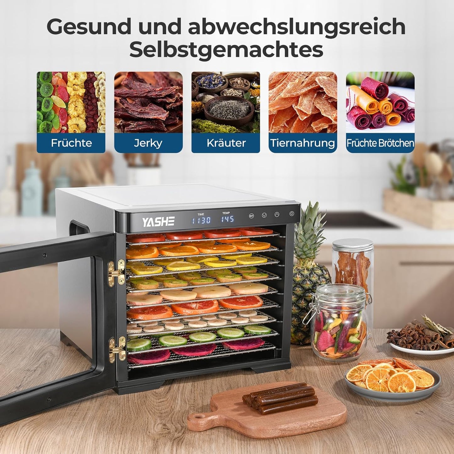 Roestvrijstalen droogautomaat, 1000 W voedseldroger voor groenten en fruit met led-display, nauwkeurige temperatuurregeling (35-75 °C), 48-uurs timer, 9 roestvrijstalen schalen, 2 gaaszeefjes, 1 kom