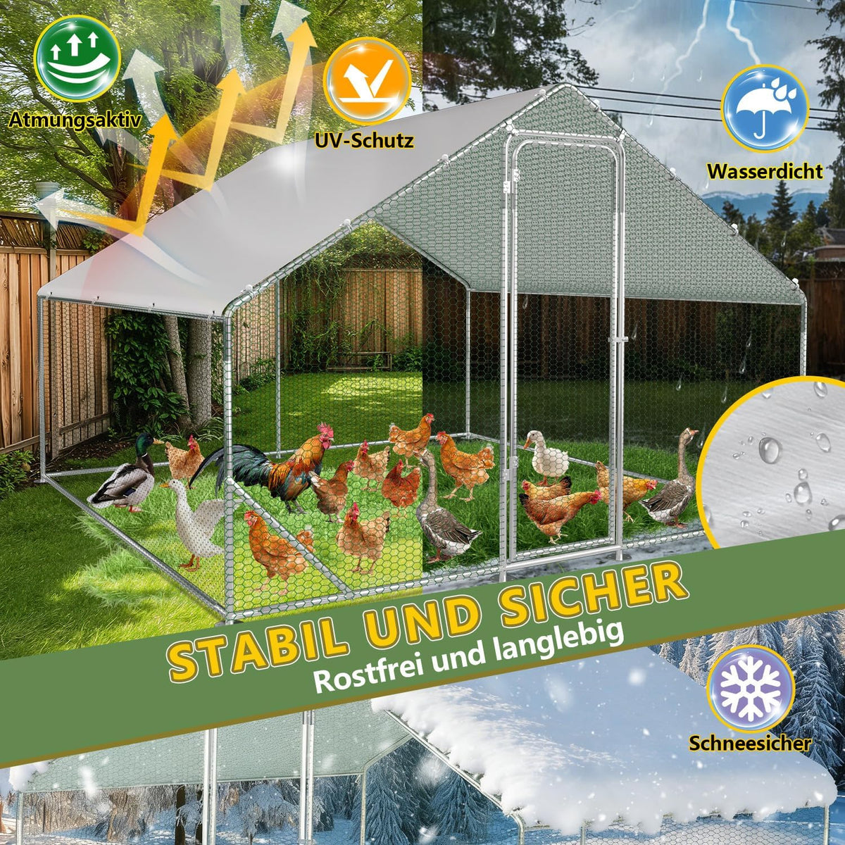 Walk-In House, 3 x 3 x 2 m, Walk-In Chicken Coop, Galvanised Steel, Small Animal House, Chicken Coop with Sunroof and Door for Pet Cage, Chicken Cage, Small Animals, Plants - QUORE