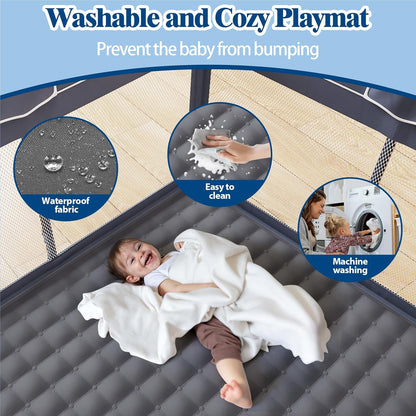 Foldable Playpen with Mat, Playpen for Babies and Toddlers with Door, Foldable Playground with Non-Slip Bottom, Portable Playground P, Dark Grey with Adhesive Tape - QUORE