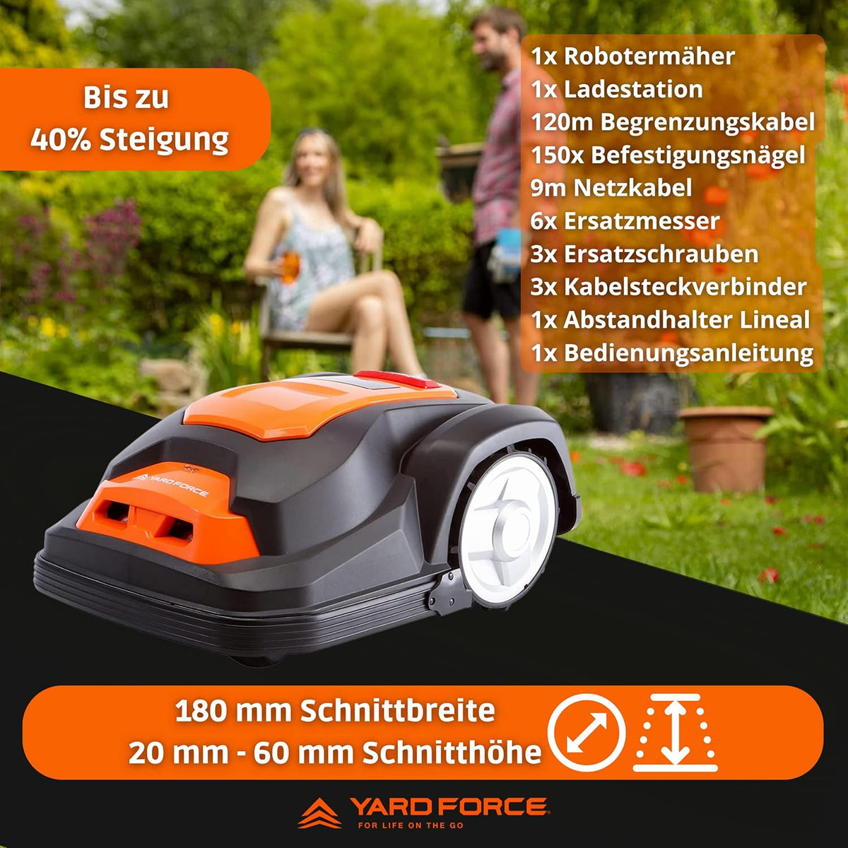 Yard Force FORCE SA650B Robotmaaier, tot 650 m², zelfrijdende grasmaaier, robot met bluetooth en app-bediening, borstelloze motor, 40% helling en 28 V/2,0 Ah lithium-ion accu, 650 m²