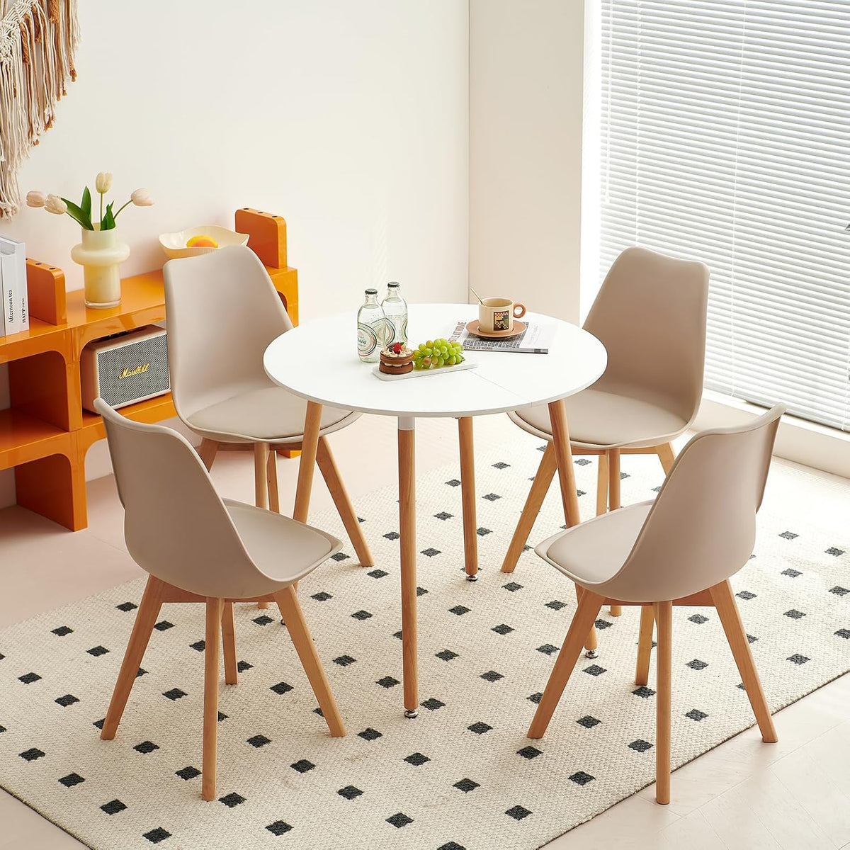 EGGREE Scandinavische eetkamerstoelen, SGS-geteste gestoffeerde keukenstoel, retro-bureaustoel met poten van massief beukenhout, licht kaki, 4 stuks