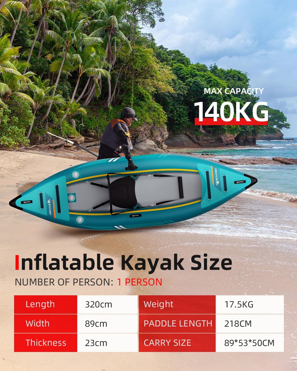 Abahub Opblaasbare kajak voor 1 persoon, 320 cm, met kajakpeddel, kajakzitting, voetsteun, handpomp en tas voor kajakken, kano, rubberboot, 1 plaats, 320 x 89 x 23 cm, blauw