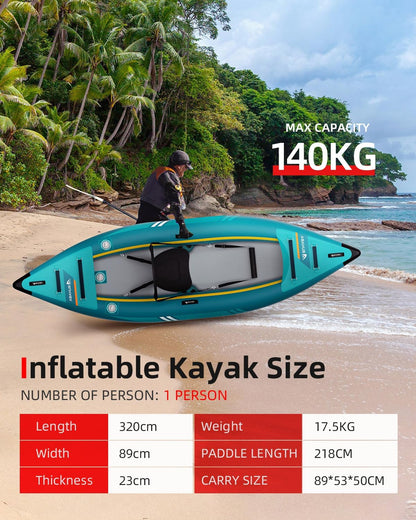 Abahub Opblaasbare kajak voor 1 persoon, 320 cm, met kajakpeddel, kajakzitting, voetsteun, handpomp en tas voor kajakken, kano, rubberboot, 1 plaats, 320 x 89 x 23 cm, blauw