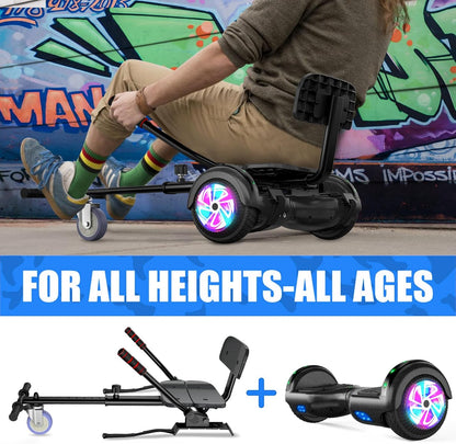 Hoverboard met zitting, 6,5 inch hoverboard met twee wielen met Bluetooth-luidspreker en kleurrijke lichten, zelfbalancerende scooter voor kinderen (inclusief Go-Kart inbegrepen)