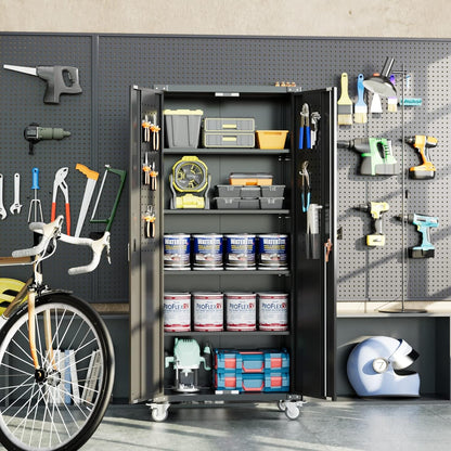 SUPEER 183 cm hoge metalen opbergkast met wielen en pegboard, afsluitbare stalen opbergkast met 4 verstelbare planken en deur voor garage, kantoor, keuken, montage vereist (zwart)