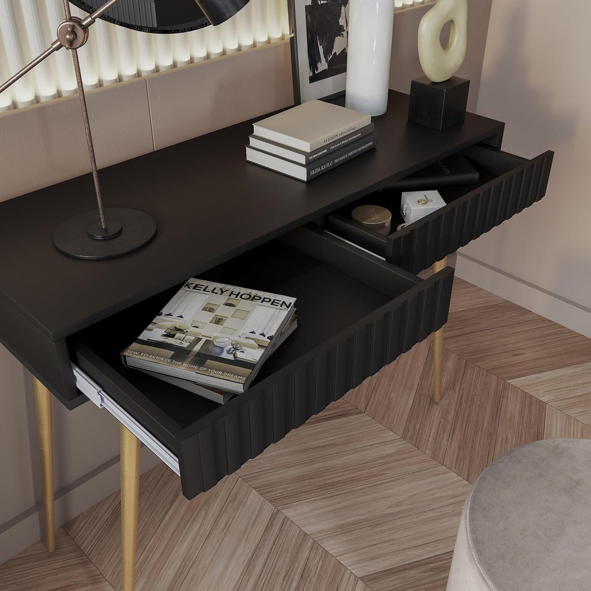 Selsey Bello Make-uptafel met 2 laden op goudkleurige poten, 104 x 80 cm, opbergkast, zwart, make-uptafel