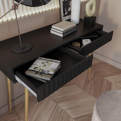 Selsey Bello Make-uptafel met 2 laden op goudkleurige poten, 104 x 80 cm, opbergkast, zwart, make-uptafel