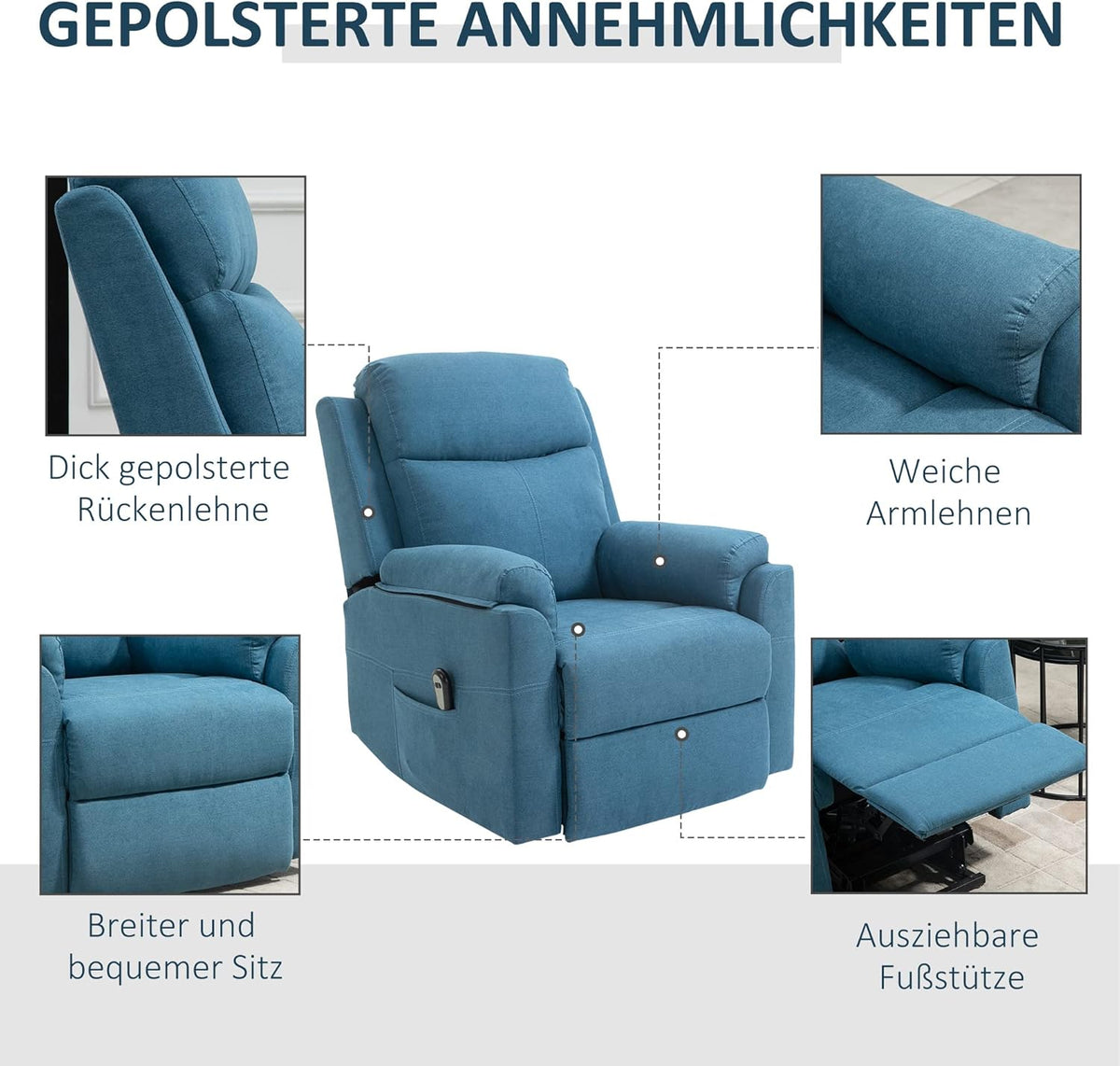 Elektrische Opstastoel – Relaxstoel – Tv-Stoel – Opstahulp Stoel – Seniorenstoel – Verstelbare Rugleuning Tot 160° – Ademend Linnenbekleding – Blauw