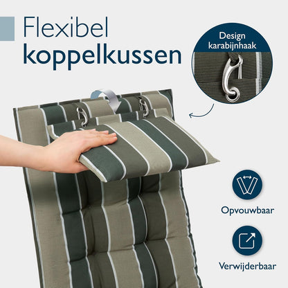 Beautissu Set van 4 Premium Hoge Rugleuning Kussen met Hoofdkussen 120x50 cm Sun-HL – UV-bestendig & 8cm Dik Kussen Tuinstoelkussen Antislip Bevestigingsbanden – Stevige Stof Groen Gestreept